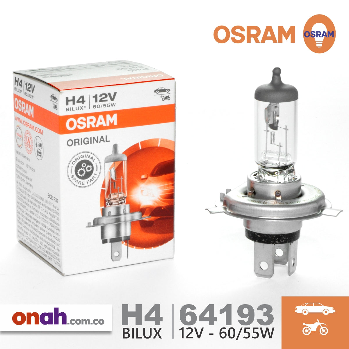 Bombillos Osram Halógeno H4 BILUX P43t 64193 472 12V 60/55W STANDAR