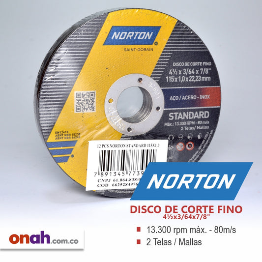 Norton Disco de Corte Stándard 4-1/2" x 3 /64 x 7/8"